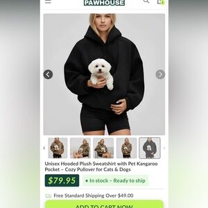 Unisex Black Plush Hooded Sweatshirt with Pet Kangaroo Pocket